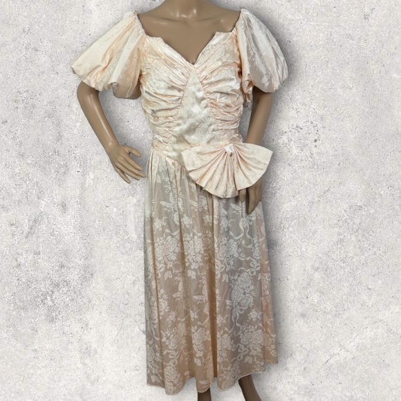 Vintage Dresses & Skirts - Vintage Algo-Ettes Made in Canada Puff Sleeve Pink Floral Satin Maxi Dress Small